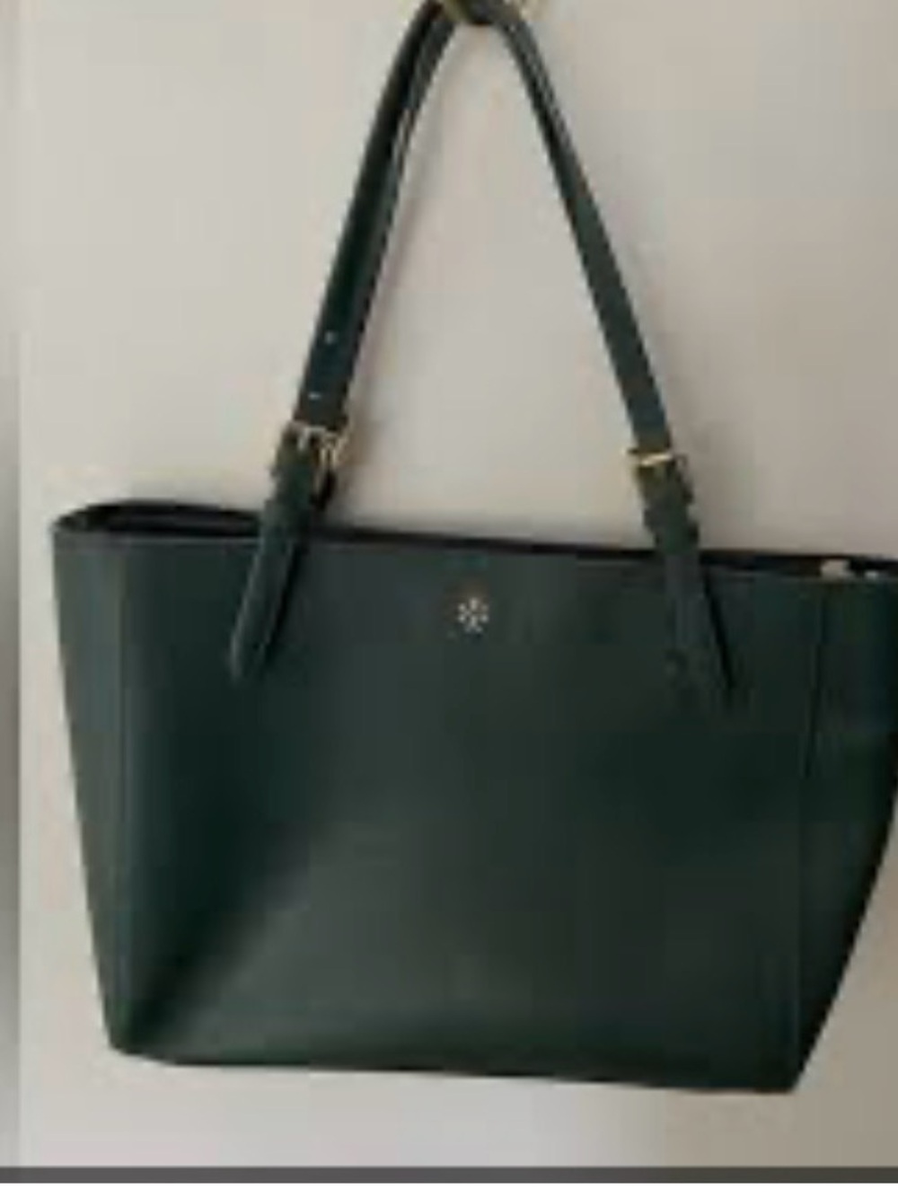 Tory Burch Dark Green Leather Tote with Gold Emblem
